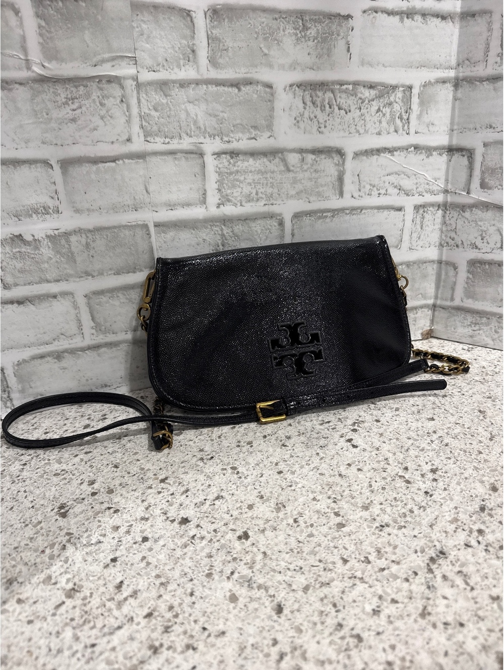 Tory Burch Black Leather Britten Convertible Clutch Crossbody Bag